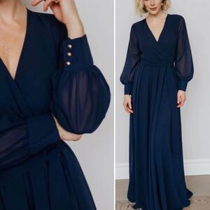 Baltic Born Lydia Navy Chiffon Maxi Dress Size Small Sheer Long Sleeve Wrap Gown